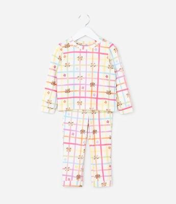 Pijama Infantil Estampa Quadriculada Flores e Gatinho – Tam 2 a 6 Anos