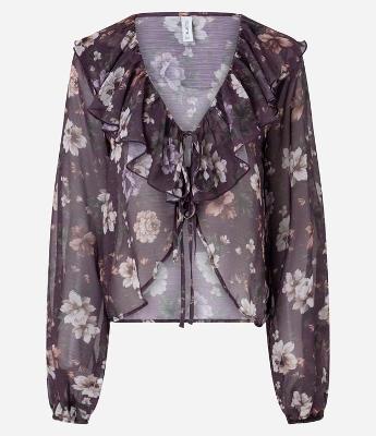 Blusa Bata em Chiffon Floral com Babados