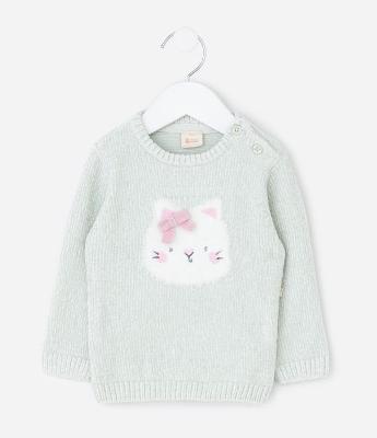 Sueter Infantil em Chenille com Jacquard de Gatinho – Tam 0 a 18 Meses