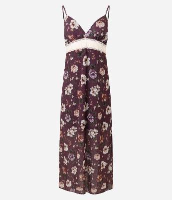 Vestido Longo de Alcinha em Chiffon com Estampa Floral e Detalhe em Renda