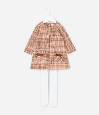 Vestido Infantil Manga Longa Xadrez com Meia-Calça – Tam 0 a 18 Meses