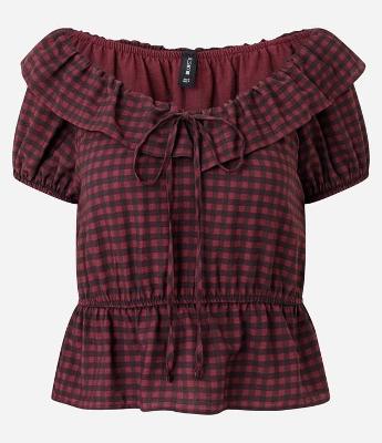 Blusa Bata em Viscose Xadrez com Amarração e Babado