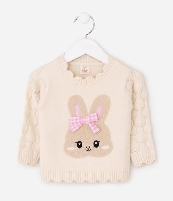 Suéter Infantil em Jacquard com Lacinho Aplicado - Tam RN a 12 Meses