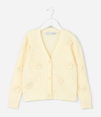 Casaco Cardigan Infantil com Flores em Tricô – Tam 5 a 14 Anos