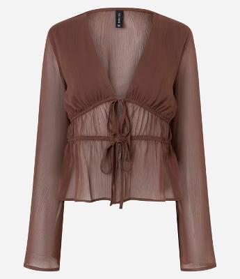 Blusa Manga Longa em Chiffon com Decote V