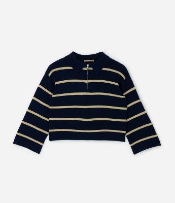 Suéter Listrado em Tricô com Gola Polo e Zíper Curve & Plus Size