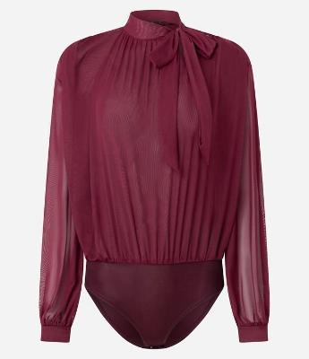 Body em Tule com Gola Laço e Manga Longa