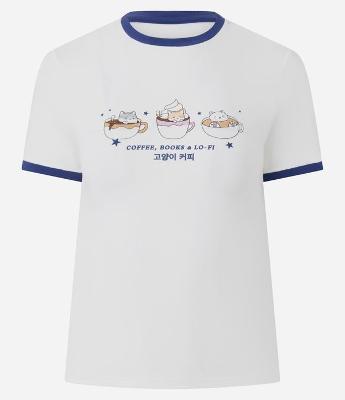 Camiseta em Algodão com Recortes Contrastantes e Estampa de Gatinho