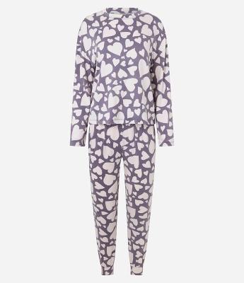 Pijama Longo em Peach Touch com Estampa de Coração