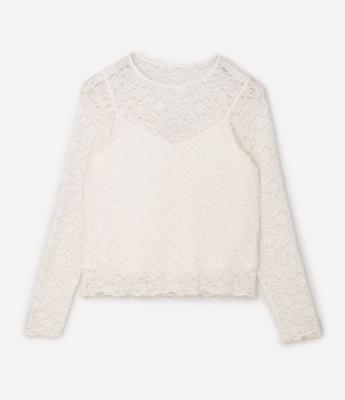 Blusa de Renda Floral Manga Longa Curve & Plus Size