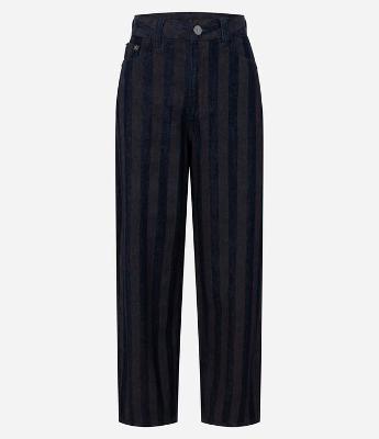 Calça Baggy em Jeans Listrado com Cintura Média