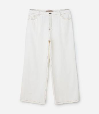 Calça Jeans Wide com Costura Contrastante Curve & Plus Size