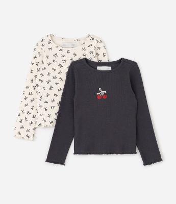Kit 02 Blusa Infantil Canelada com Laços e Cereja – Tam 1 a 6 Anos