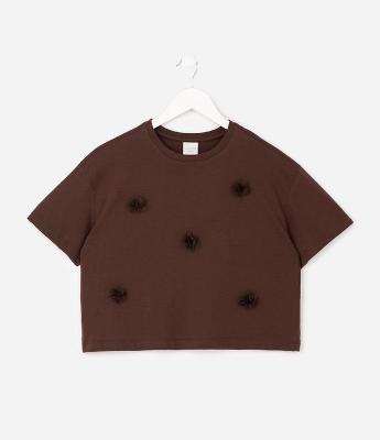 Camiseta Infantil Manga Curta com Flor Aplicada – Tam 5 a 14 Anos