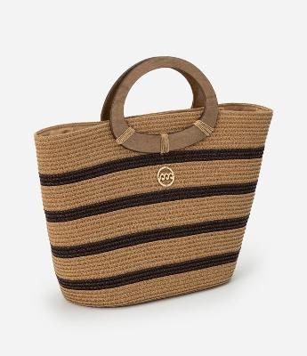 Bolsa de Praia Pequena em Palha com Estampa Listrada