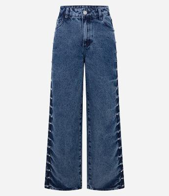 Calça Wide em Jeans com Tachas Laterais e Cintura Média