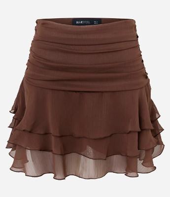 Saia Curta em Chiffon com Babados Franzidos