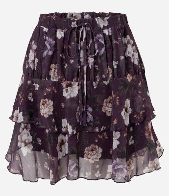 Saia Curta em Chiffon Floral com Babados