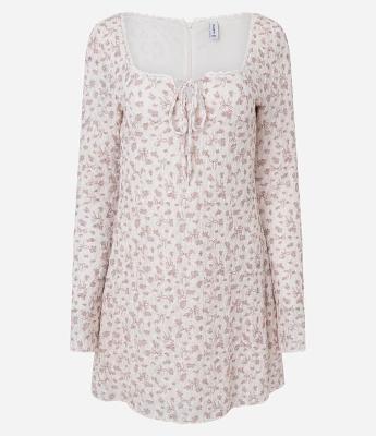 Vestido Manga Longa com Estampa Floral e Amarração
