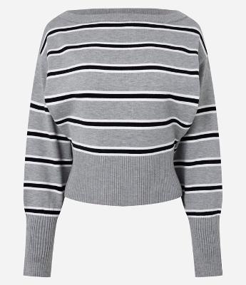 Blusa Manga Longa em Tricô Listrado com Gola Ampla