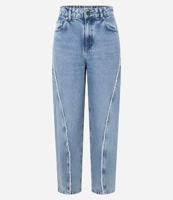 Calça Baggy em Jeans com Bordado Desfiado e Cintura Média
