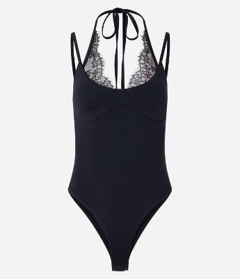 Body em Poliamida com Decote Halter e Detalhes em Renda