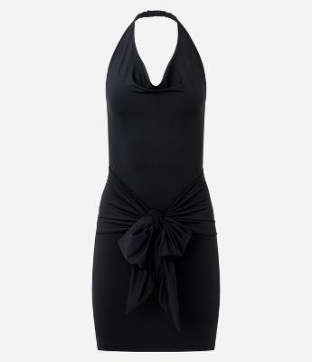 Vestido Curto em Jersey com Decote Degagê e Amarração na Cintura
