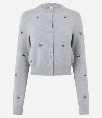 Cardigan Curto em Tricô com Bordados de Cereja