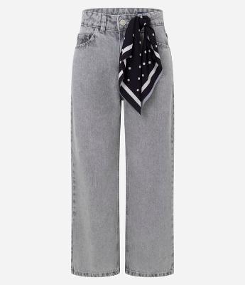 Calça Jeans Reta Cropped com Lenço Poá e Cintura Alta