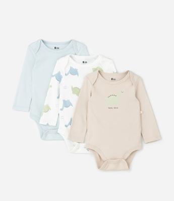 Kit 03 Bodies Bebê com Estampa de Dinossauro – Tam RN a 18 Meses