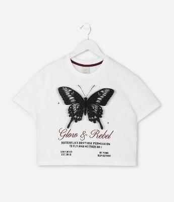 Camiseta Boxy Infantil Estampa Borboleta com Mini Tachas – Tam 5 a 16 Anos