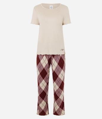 Pijama Longo em Tricô com Calça Xadrez Argyle
