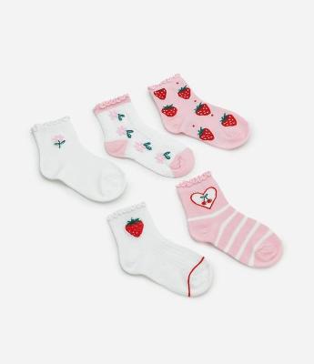 Kit 05 Meias Infantil Cano Médio com Bordados  – Tam 19/22 a 31/34