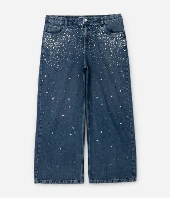 Calça Wide em Jeans com Brilhos Aplicados Curve & Plus Size