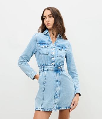 Vestido Curto em Jeans Manga Longa com Botões Frontais