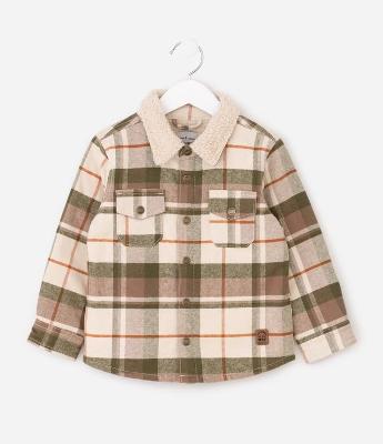 Camisa Infantil em Sarja Xadrez com Sherpa na Gola - Tam 1 a 5/6 Anos