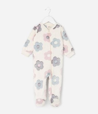 Macacão Infantil em Fleece com Estampa de Flores - Tam RN a 18 Meses