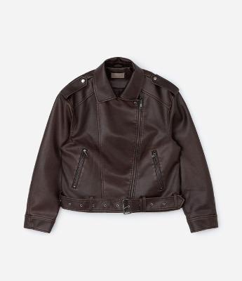 Jaqueta Biker em PU Lavado com Cinto Curve & Plus Size