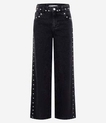 Calça Wide em Jeans com Tachas Laterais e Cintura Média