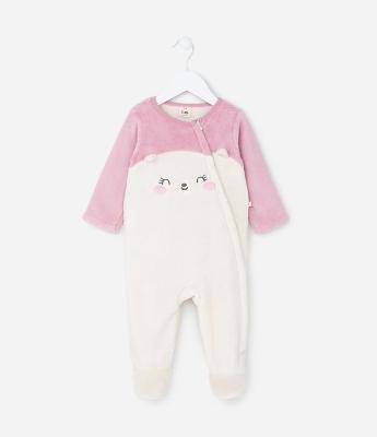 Macacão Infantil em Fleece com Bordado Gatinho - Tam 0 a 18 meses