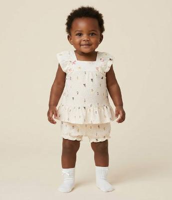Conjunto Infantil Blusa Manga Curta e Short Floral Poá – Tam 0 a 18 Meses