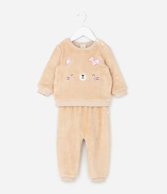 Conjunto Infantil em Fleece com Bordado de Bichinho - Tam 0 a 18 Meses