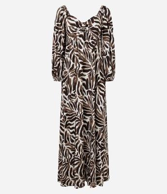 Vestido Long Midi em Viscose com Estampa de Folhagens
