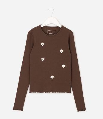 Blusa Infantil Canelada com Flores Bordado – Tam 5 a 14 Anos