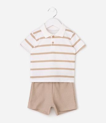 Conjunto Infantil Listrado com Gola Polo - Tam 0 a 18 Meses