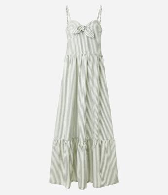 Vestido Longo Maquinetado Listrado com Laço no Busto