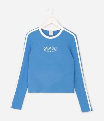 Blusa Infantil em Ribana com Estampa Brasil - Tam 5 a 14 Anos