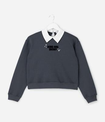 Casaco Infantil com Lettering e Gola em Tricoline - Tam 7 a 14 Anos