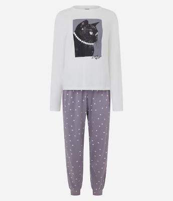 Pijama Longo em Algodão com Estampa de Gato
