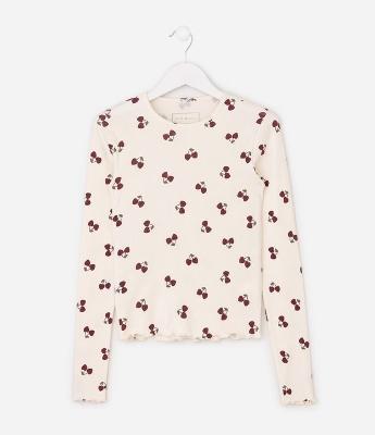 Blusa Manga Longa em Ribana com Estampa de Cerejas - Tam 5 a 14 Anos